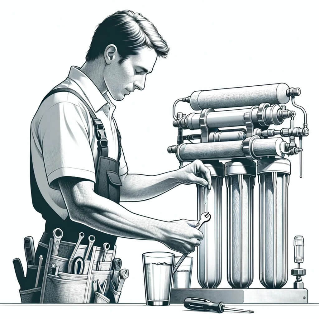 Técnico especializado en mantenimiento de ósmosis inversa y descalcificadores revisando equipo de tratamiento de agua