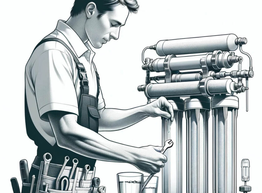 Técnico especializado en mantenimiento de ósmosis inversa y descalcificadores revisando equipo de tratamiento de agua