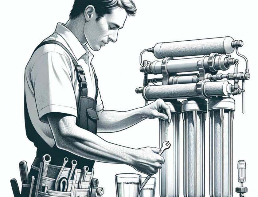 Técnico especializado en mantenimiento de ósmosis inversa y descalcificadores revisando equipo de tratamiento de agua