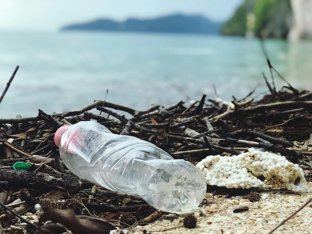 botella de plástico frente al mar